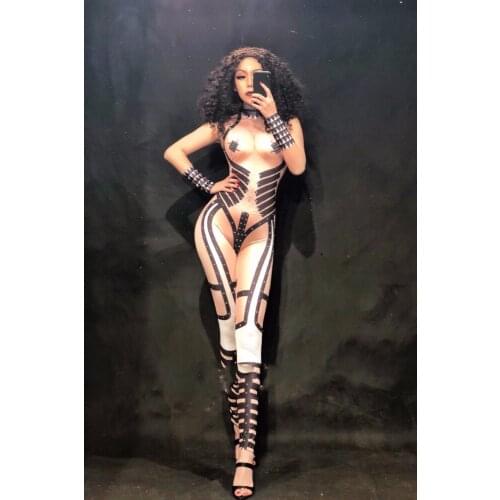 2020 Women New Black Grid Sexy Stage Jumpsuit Sleeveless Type Bodysuit Party Stage Wear Singer Dancer Costumes Fashion Show