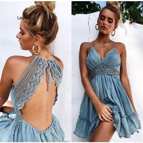 Women Clothes Casual Sleeveless V-Neck Boho Floral Dress Summer Evening Party Beach Lace Sundress Solid Less Pullover