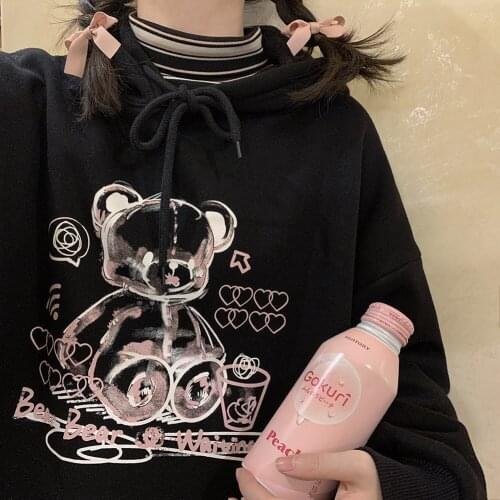 Korea Ulzzang Bear cute Women hooded sweatshirt loose hip hop streetwear tops Vintage punk casual Harajuku new women clothing