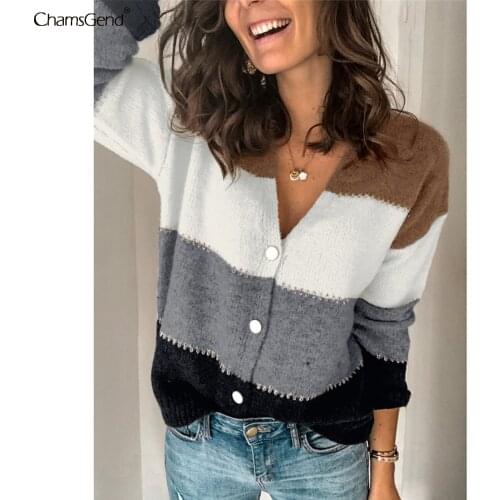 Women Striped Pattern Cardigan Vintage Jumper 2021 Autumn Winter Women V Neck Elegant Oversized Knitted Cardigan Casual Coat