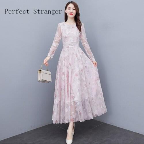 2021 Autumn New ArrivalBohemian Style Beach Seaside Long Sleeve Dress Retro Floral Printed Women Long Gauze Dress Elegant