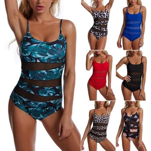 Womens Sexy Bikini Mesh Stitching Printing Hollow One-Piece Swimsuit
