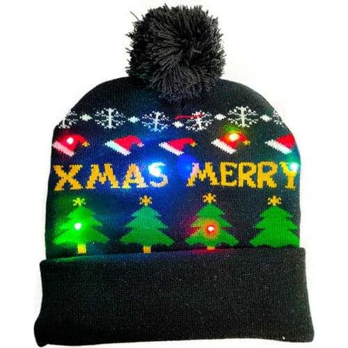 Winter Merry Christmas Pompom Hat Cap LED Light-up Warm Knitted Beanie Gift