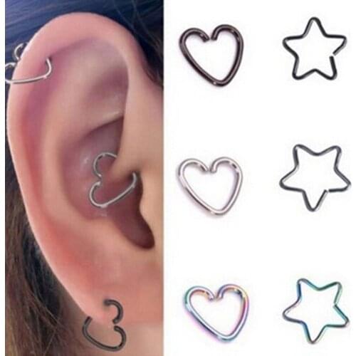 Heart/Star Shaped Fake Tragus Piercings Hoop Helix Cartilage Tragus Daith Ear Studs Lip Nose Rings Piercing Fashion Jewelry