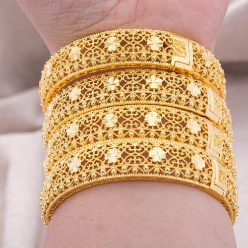4Pcs/Lot Bangles 24K Ethiopian Dubai Gold Color Bangles For women Girl Indian African wedding Bangls Bracelet Party bridal Gift