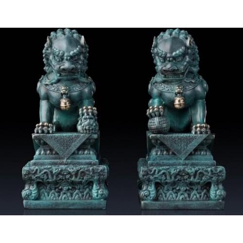 8.2inches Chinese Art Deco Pure Brass Foo Dog Guardian Animal Door Lion sculpture a pair Decoration Home Furnishings Gift
