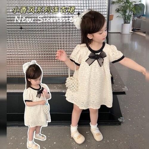 College Style Girl 2021 Children Summer Solid White Black Lace Bow Tie Baby Toddler Dresses Deguisement Enfant Fille