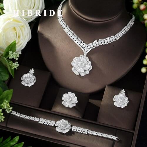 HIBRIDE Elegant New Flower Shape Bridal Jewelry Sets Sparkling AAA+ Zirconia Paved Cute Necklace Bracelet Earring Ring Set N-970