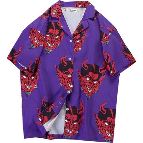 Men Women Devil Full Printing Short Sleeve Streetwear Summer Floral Rapper Loose Hawaiian Korean Shirts