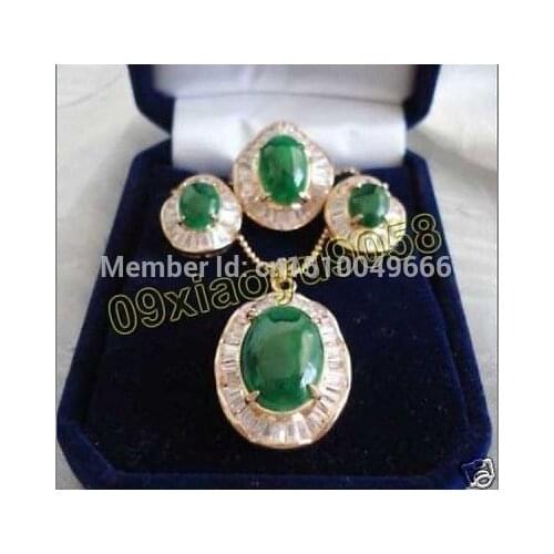 Hot sale FREE SHIP>>>Design elegant green jade inlaid Zircon Necklace Earrings Ring Set