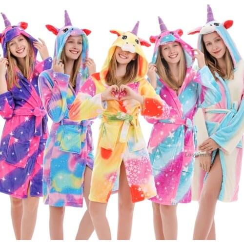 Women Winter Flannel Bathrobes Cartoon Long Robe Unicorn Robes Pajamas Adults Dressing Gown Hooded Animal Sleepwear Bath Suit