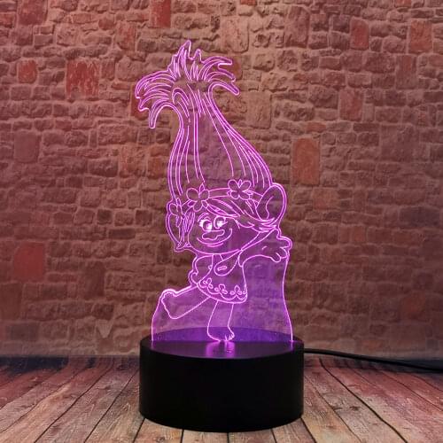 Trolls Poppy Anime Figuras 3D Illusion LED Desk Nightlight Colorful Changing Light Flashing Toys