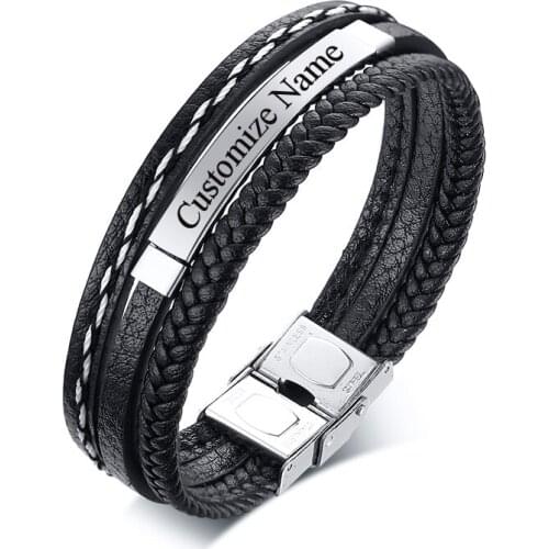 Multi-layer Braid PU leather Wrap Bracelets Men Custom Name Stainless Steel ID Bracelet Men Handmade Jewelry Wholesale
