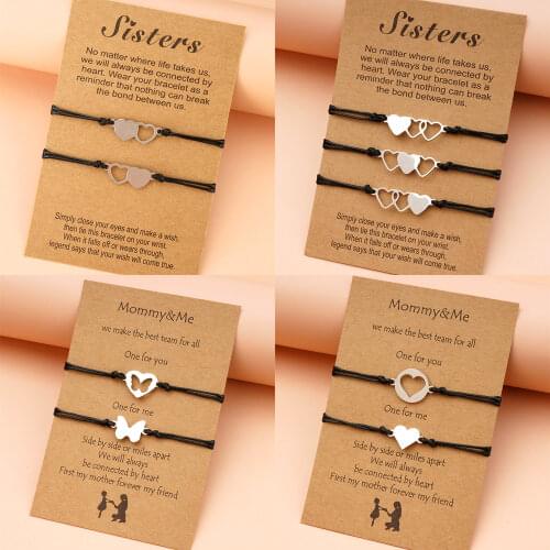 New Doule Heart Butterfly Sisters Card Bracelets Best Friendship Stainless Steel Handmade Birthday Gift Mothers Day Jewelrys
