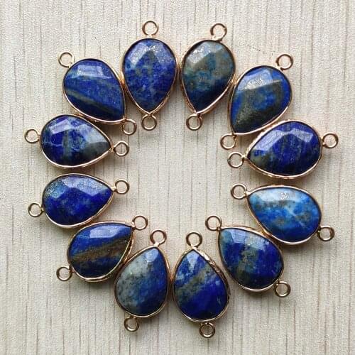 Wholesale 12pcs/lot Natural Lapis lazuli section water drop gold color connector pendants for jewelry accessories making free