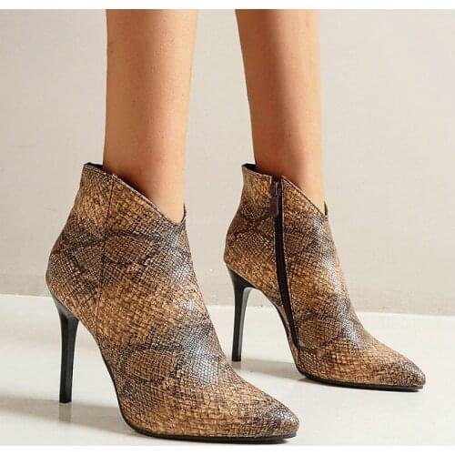 2020 winter autumn V cut design snakeskin printing sexy stilettos thin high heels female ankle booties woman boots size 46 48