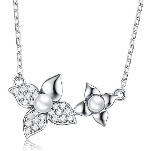 ZEMIOR S925 Sterling Silver Pendant Necklaces For Women Two Flowers Shape Cubic Zirconia Two Pearls Fashion Party Fine Jewelry