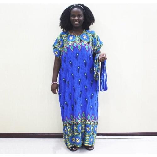 Dashikiage Peacock Feather Print Dress African Dashiki Plus Size Short Sleeve Casual Blue Dresses With Sarf