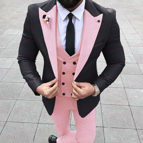 3 Piece Wedding Tuxedo for Groom Pink Slim Fit Prom Men Suits with Black Jacket Male Fashion Costume Waistcoat Pants