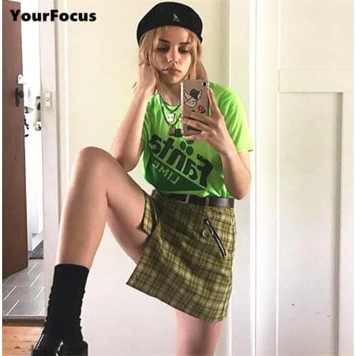 New mini skirt summer women vintage harajuku korean classic zipper circle ring green plaid skirt high waisted skirt