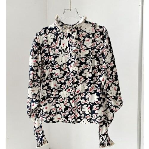 Woman black floral print Blend Blouse Round Neck front pleated Slim Waist Long Sleeves TOPS