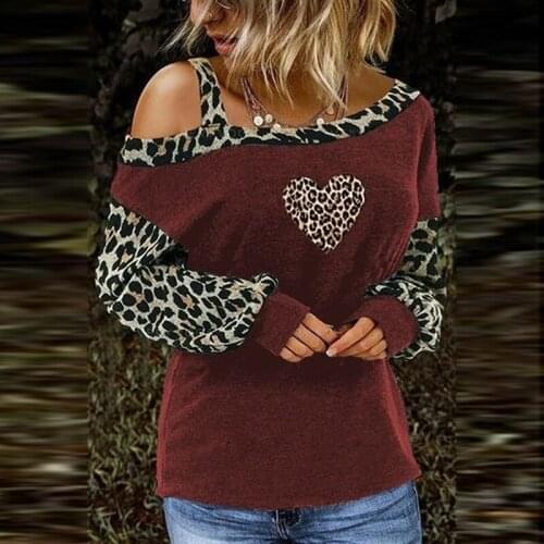Sexy T-Shirt Leopard Printed Women Off-Shoulder Leopard Stitching Long Sleeve Tee Tops Casual Skew Collar Tshirts New 2020