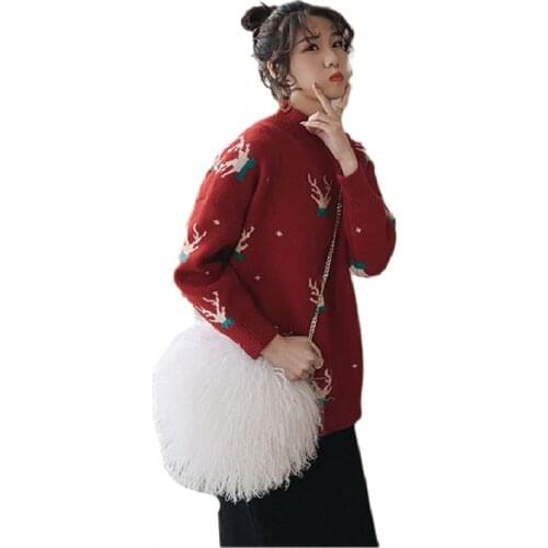 QRWR 2020 Autumn Winter Christmas Sweater Women O Neck Casual Cute Deer Print Knitted Pullover Loose Plus Size Women Sweater