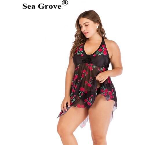 Plus Size Flower chiffon Swimwear Bikini Women Sexy Backless Tankini Suit Print skirt Transparent Women Bathing Suit