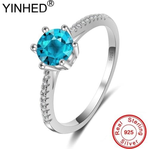 YINHED Genuine 100% 925 Sterling Silver Engagement Ring Blue Sparking CZ Finger Rings for Women Silver Fine Jewelry ZR489
