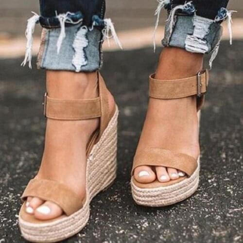 Womens Sandals Vintage Wedge Shoes Woman Buckle Strap Straw Thick Bottom Flats Platform Sandals Flock Female Shoes Summer 2021
