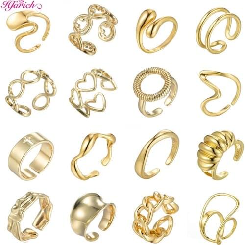 Hfarich 2021 Trendy Geometric Metal Gold Rings for Women Punk Round Croissant Wave Chain Ring Open Jewelry Bague Mujer Gifts
