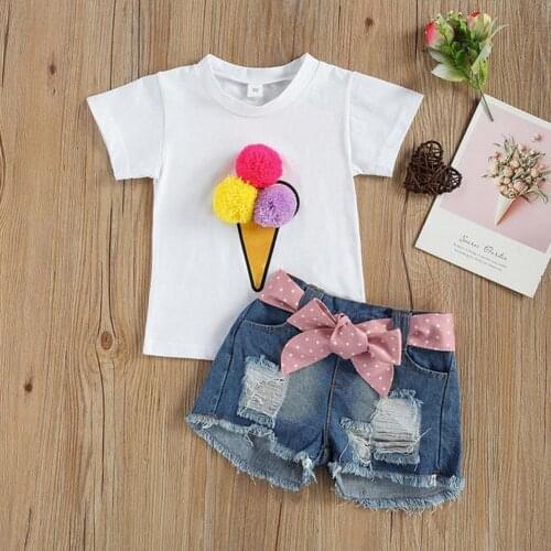 3Pcs/Set Girls Outfit Ice Cream Print Tassel Shorts Hemline Soft Pretty Plush Ball Decor Girls Clothes Set for Holidays