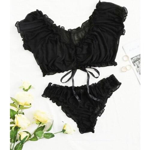 Women Sexy 2Pcs Lingerie Set Babydoll Solid Color Off Shoulder Short Sleeve Crop Top Panties Set Ladies Exotic Underwear Outfits