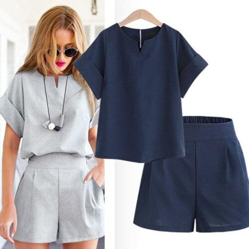 Summer Tracksuit Women Two Piece Set Solid Cotton Linen T-shirt Top and Shorts Suit Office Lady Leisure Sets Lounge Wear Outfits