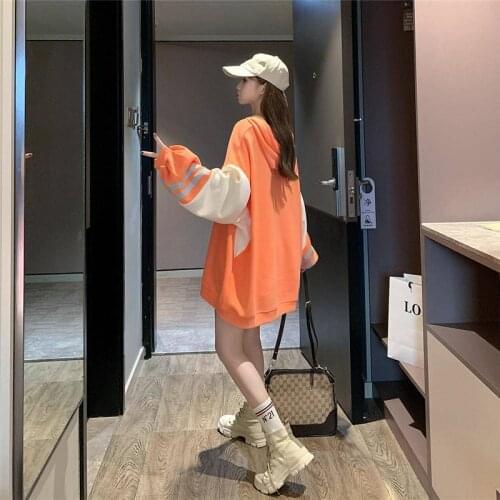 Cool Harajuku Japanese Sweatshirt Women Clothes Autumn Orange Hoodies Patchwork Long Sleeve Pullover Loose Jumper Hoodie Females