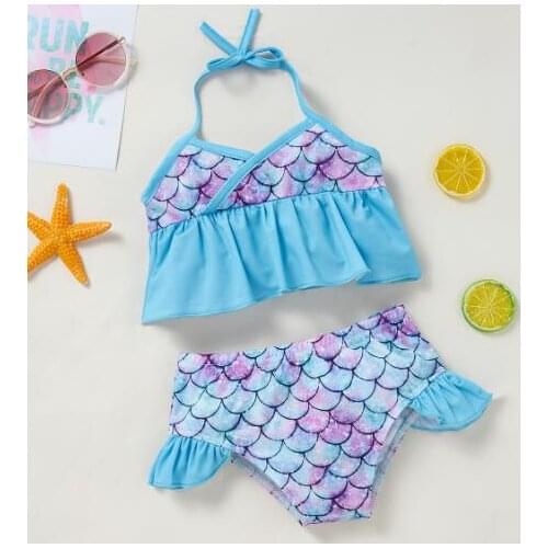 Summer Toddler Girls Two Piece Swimsuits Cute Mermaid/Leopard Halter Ruffle Bikini Tops+Bottom Set Swimwear