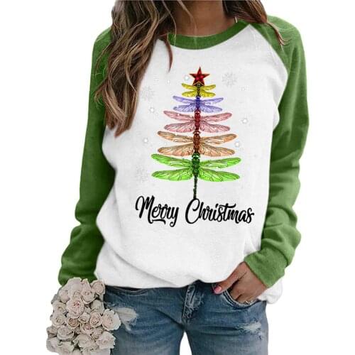 Fashion Women T-shirt Christmas Dragonfly Printed Patchwork Long Sleeve Pullover Shirts O Neck Tops Tee Shirt Autumn Winter Top
