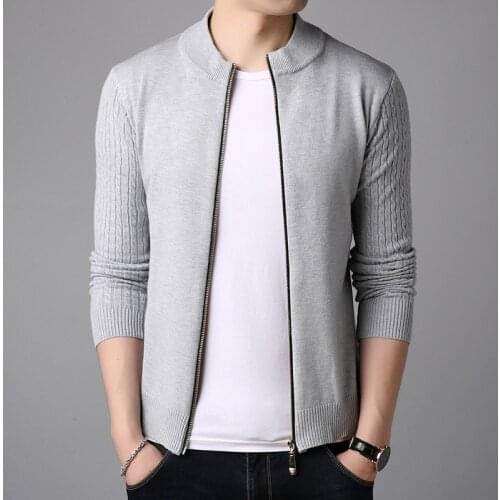 Spring and autumn mens long sleeve stand collar jacquard cardigan solid-colored sweater youth korean slim fit man knitted coat