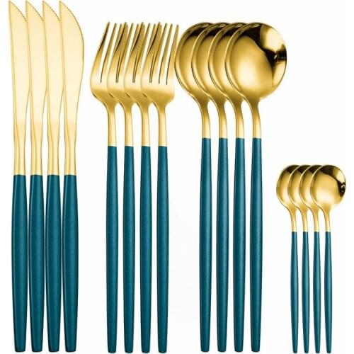 16pcs Green Gold Tableware Set Stainless Steel Cutlery Set Spoon Fork Knife Kitchen Set Dinnerware Eco Friendly Flatware Mirror
