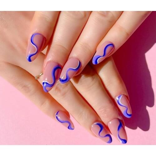 24pcs Fake Nails With Glue Mid-length Purple Blue Wave Line Nail Sticker Finished artificial nails press on nail for girl DL