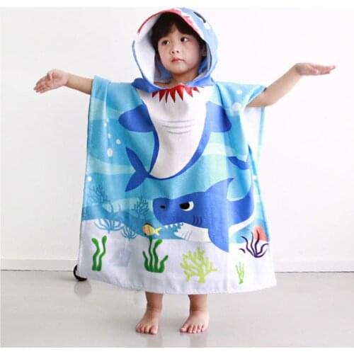 New Children Marine Animal World Shark Printed Microfiber Cartoon Hooded Cloak Beach Towel Baby Boys Girls Swimming Bath Towel