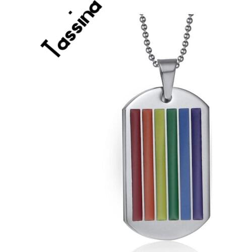 Tassina Stainless Steel LGBT Pendant Necklace Striped Rainbow Dog Tag Necklace For Gay And Lesbian Pride Jewelry TN003