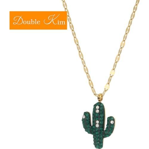Cactus Green Zircon Pendant Necklace Titanium Stainless Steel Material Chain Necklace Inlaid Zircon Trendy Women Jewelry Gift