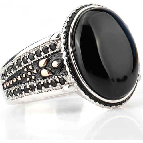 Real 925 Sterling Silver Men Ring with Oval Black Agate Stone with Black CZ Vintage Turkish Ring for Male Women Jewelry Gift