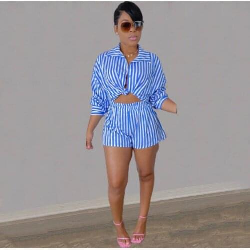 RMSFE 2021 Womens Long Sleeve Lapel Single Breasted Fashion Casual Striped Shorts Two Piece Set