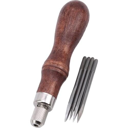 Sewing Awl Needles 4 In 1 Leather Tools DIY Wood Handle Leather Stitching Awl Sewing Scratch Awl Canvas Leathercraft New