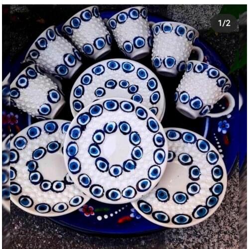 Evil Eye Designed Turkish Ceramic Coffee Set Six Pieces