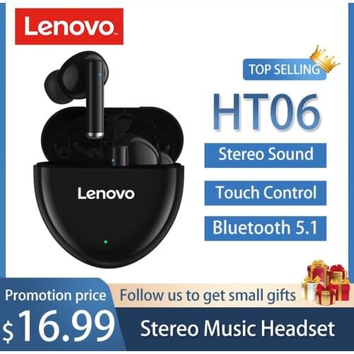 Lenovo HT06 TWS Earphones Bluetooth Wireless Headphones Touch In-ear Earbuds HD Call Long Battery IPX5 Waterproof Sports Headset