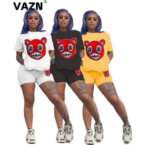 VAZN Sweet clever 2020 summer sexy lady 3 colors 2-piece short set short sleeve O-neck bears print tees shorts set cartoon sets