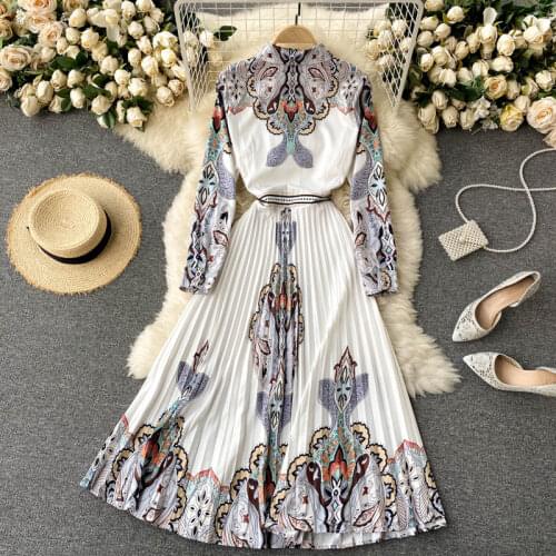 Womens Spring Summer Runway Fashion Vintage Long Sleeve Pleated Print Dress Female High Waist ChicTravel Party Dress TB1963